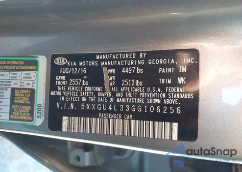 2016 Kia Optima Ex z USA, uszkodzony, nr VIN 5XXGU4L33GG106256